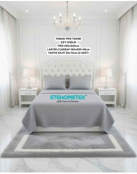 ETEHOMETEX ÇİFT KİŞİLİK %100 PAMUK HAVUZLU PİKE TAKIMI GRİ 8696474232075